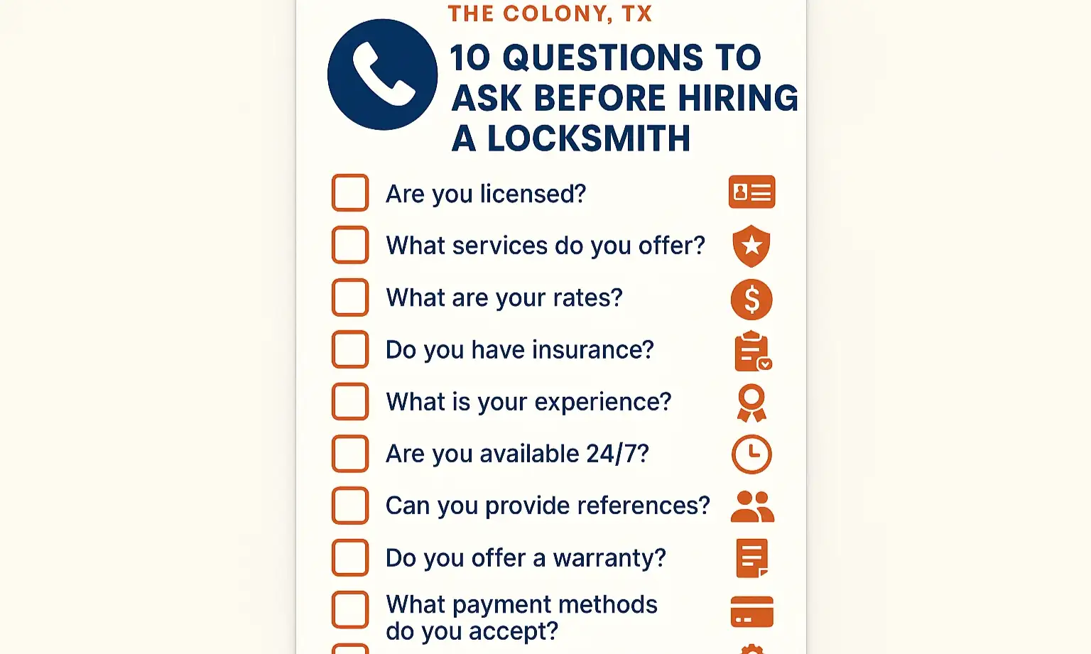 Checklist graphic of key questions to ask a locksmith: confirm business name, license, total cost estimate, and arrival time.