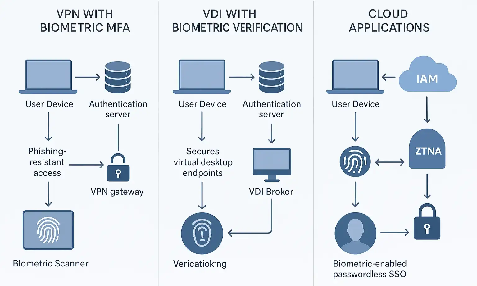 Side-by-side comparison of biometric authentication flows for VPN, VDI, and cloud access.