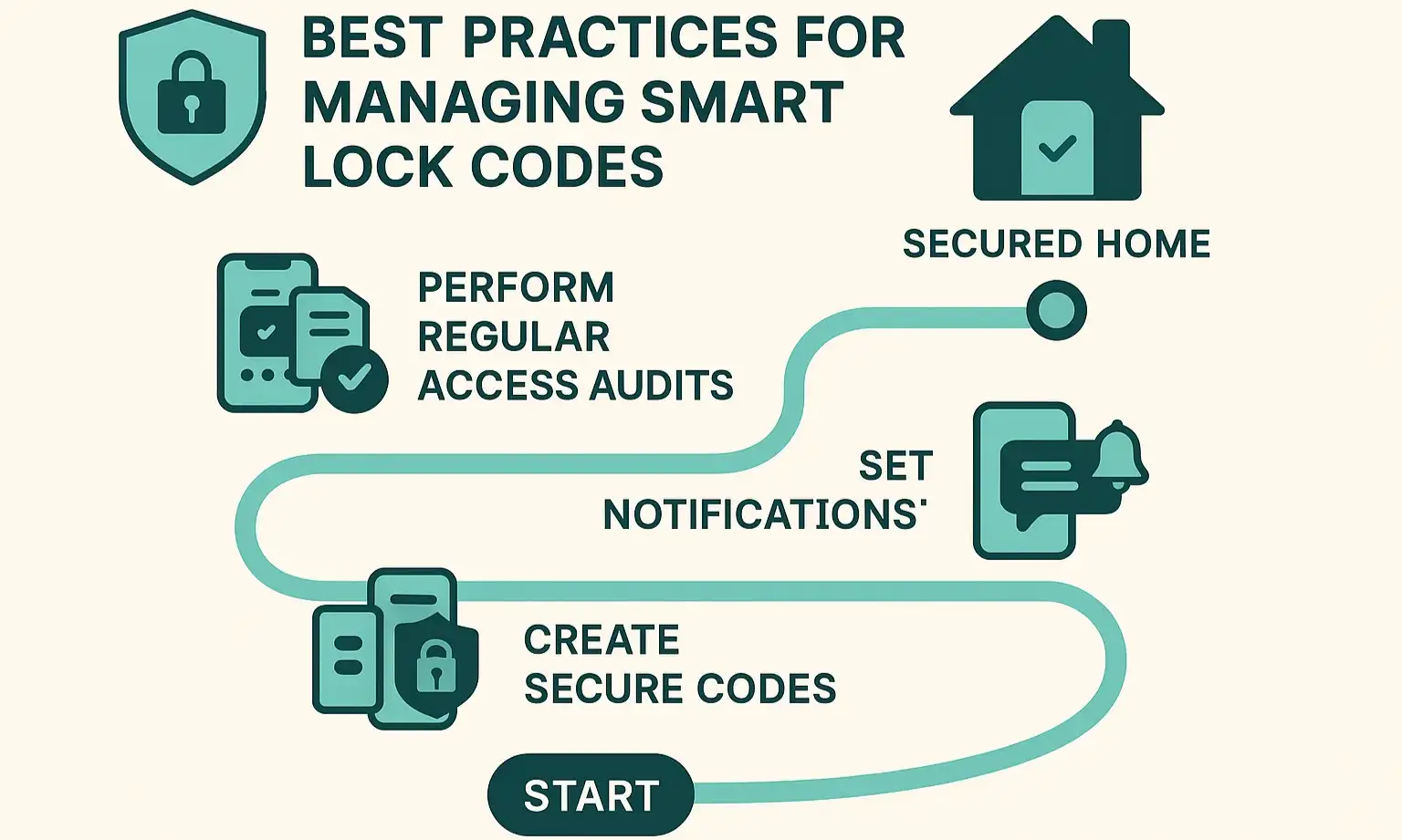 Infographic roadmap for smart lock security: strong codes, access audits, notifications, and battery checks.