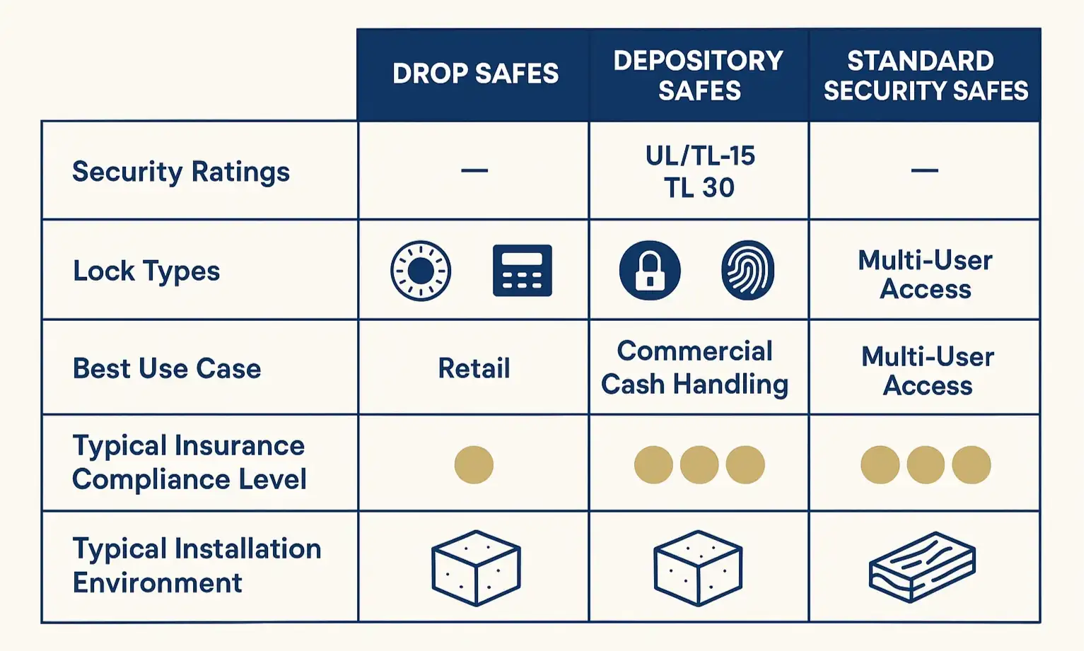 Compare floor safe options at a glance to choose the right safe type that meets your security needs, compliance mandates, and operational workflow.