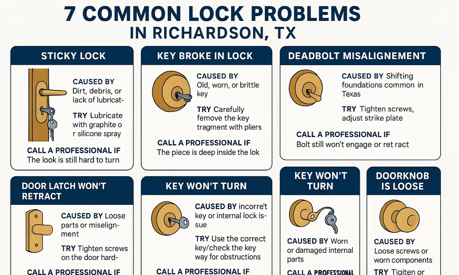 Guide to common lock issues in Richardson homes to help you make smart, timely locksmith decisions.