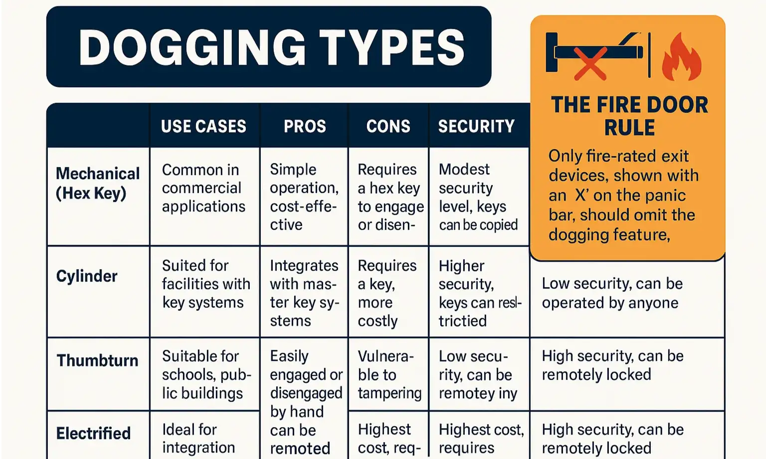 Dogging types comparison with key fire door compliance notes to support confident hardware decisions.