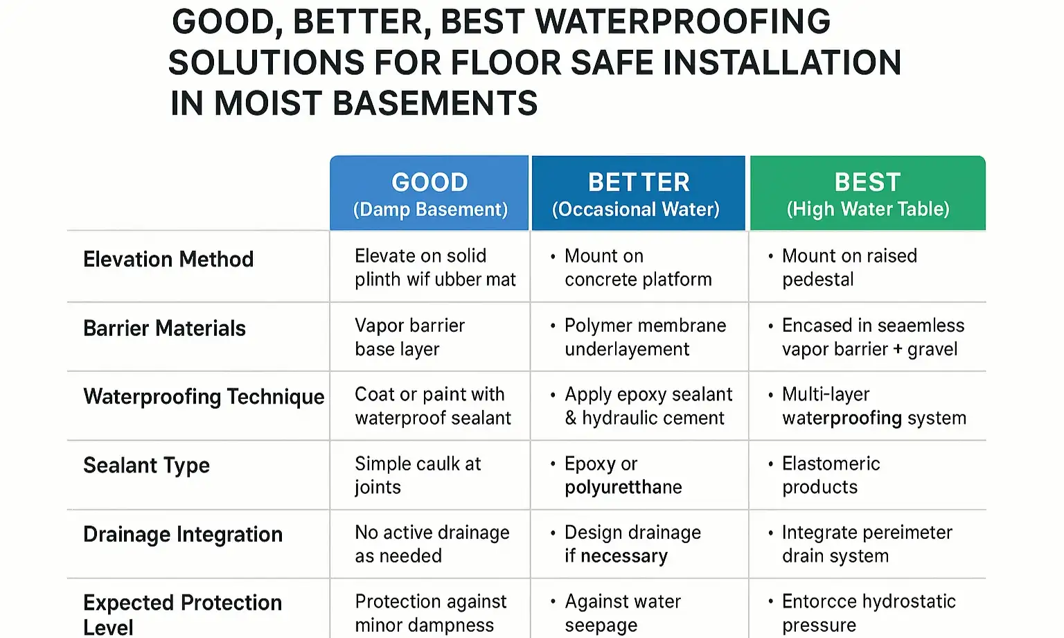 A visual guide showing Good, Better, and Best options for waterproofing a basement floor safe installation, detailing different levels of moisture protection.