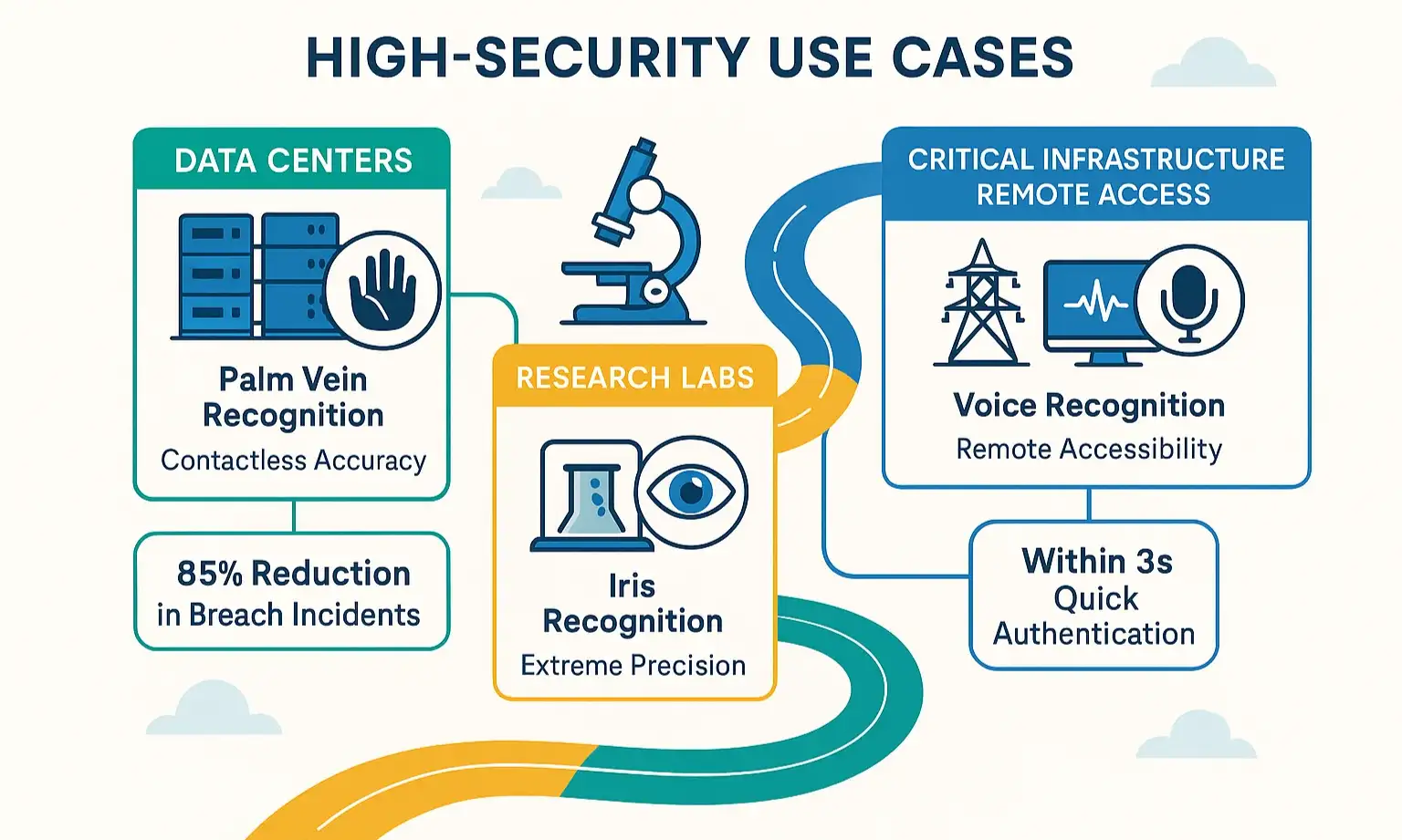 A visual map connecting different high-security environments—a data center, a research lab, and a remote access point—to their ideal biometric solutions: Palm Vein, Iris, and Voice Recognition respectively.