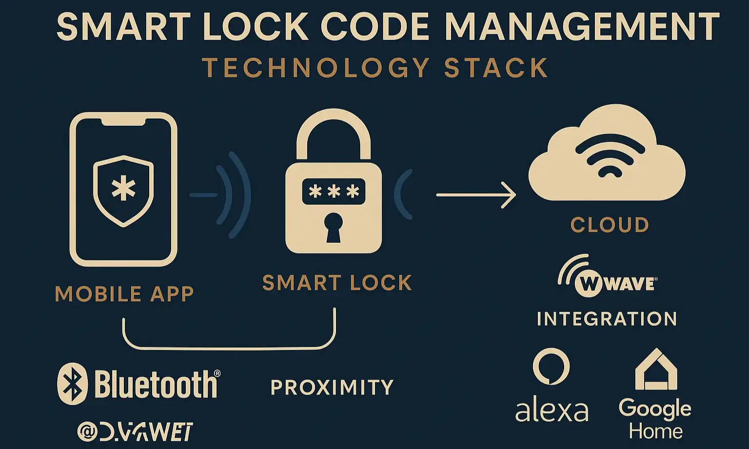 A diagram showing a phone connecting to a smart lock via Bluetooth for local control and via Wi-Fi and a cloud server for remote control.