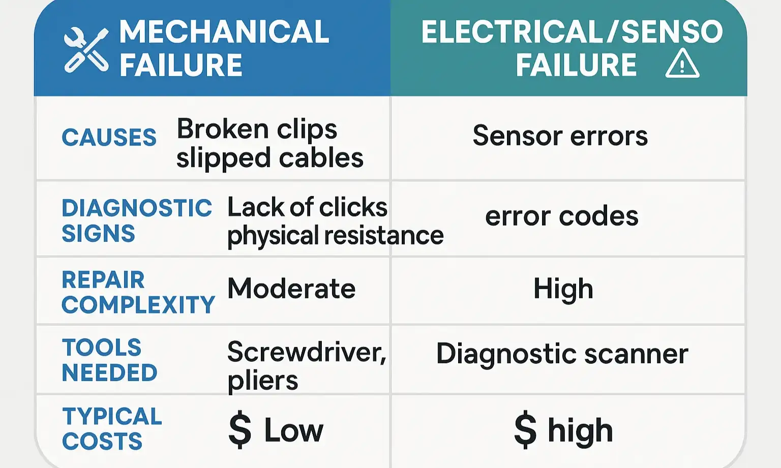 An infographic comparing the characteristics of mechanical and electrical child safety lock failures, with icons for broken gears and faulty sensors.