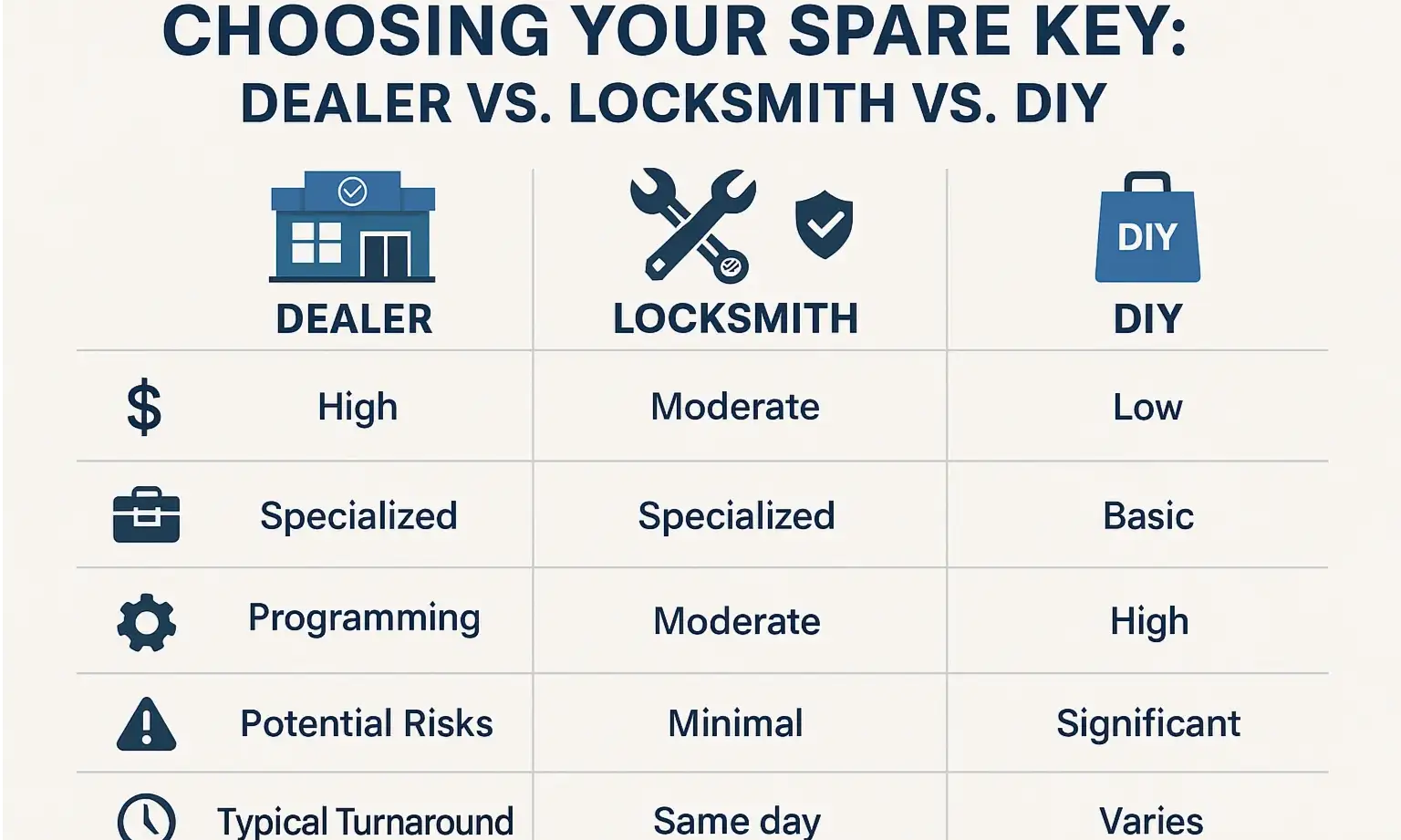 This infographic compares dealer, locksmith, and DIY key duplication options to help users make informed, cost-effective choices.