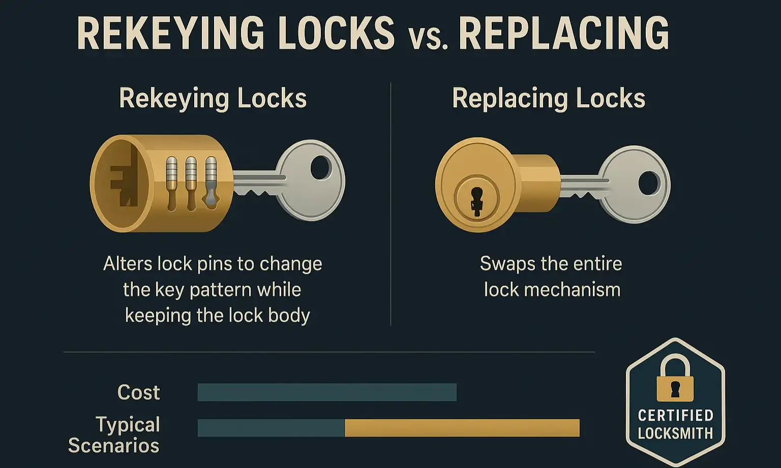 Visual breakdown: When to rekey your locks versus when to replace them — key cost and benefit considerations for informed locksmith decisions.