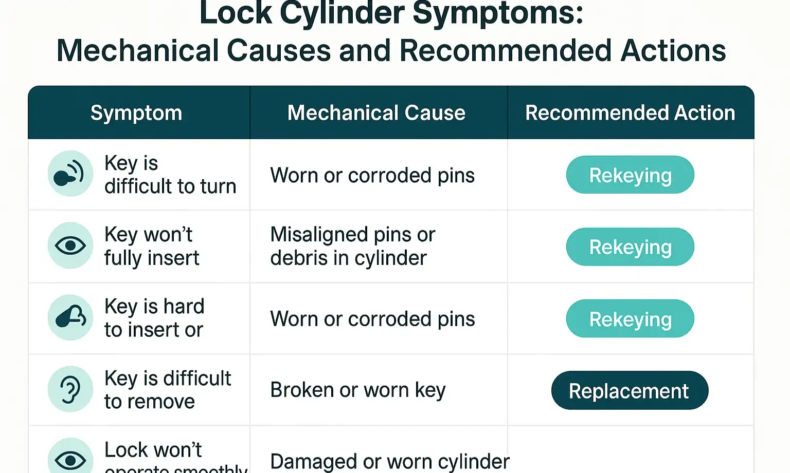 Table compares common lock problems, their causes, and when full lock replacement is the best solution.
