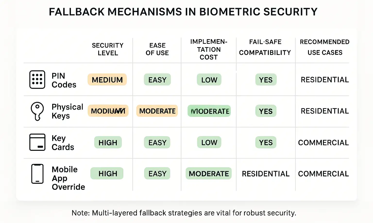 Comparison table rates fallback access options by reliability, security, and convenience.