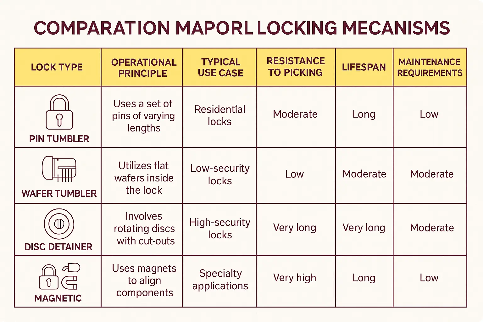 At a glance: Compare fundamental engineering and performance traits across major locking mechanisms to identify the best fit for your security needs.