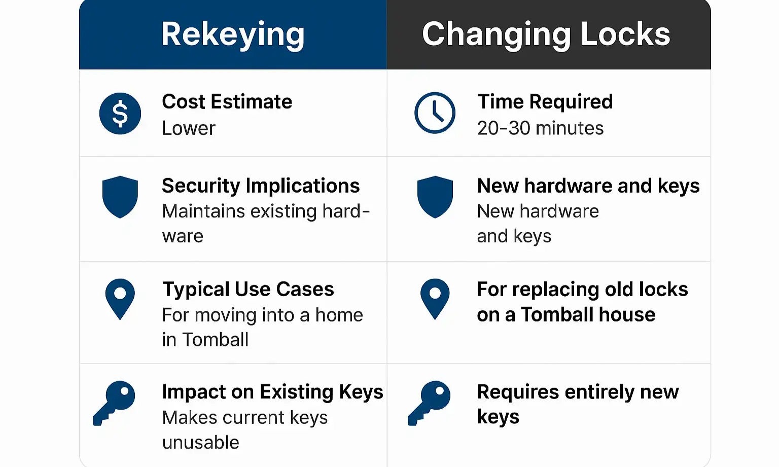 Comparison matrix explaining rekeying vs. lock replacement to help Tomball homeowners choose the best option based on cost, security, and convenience.