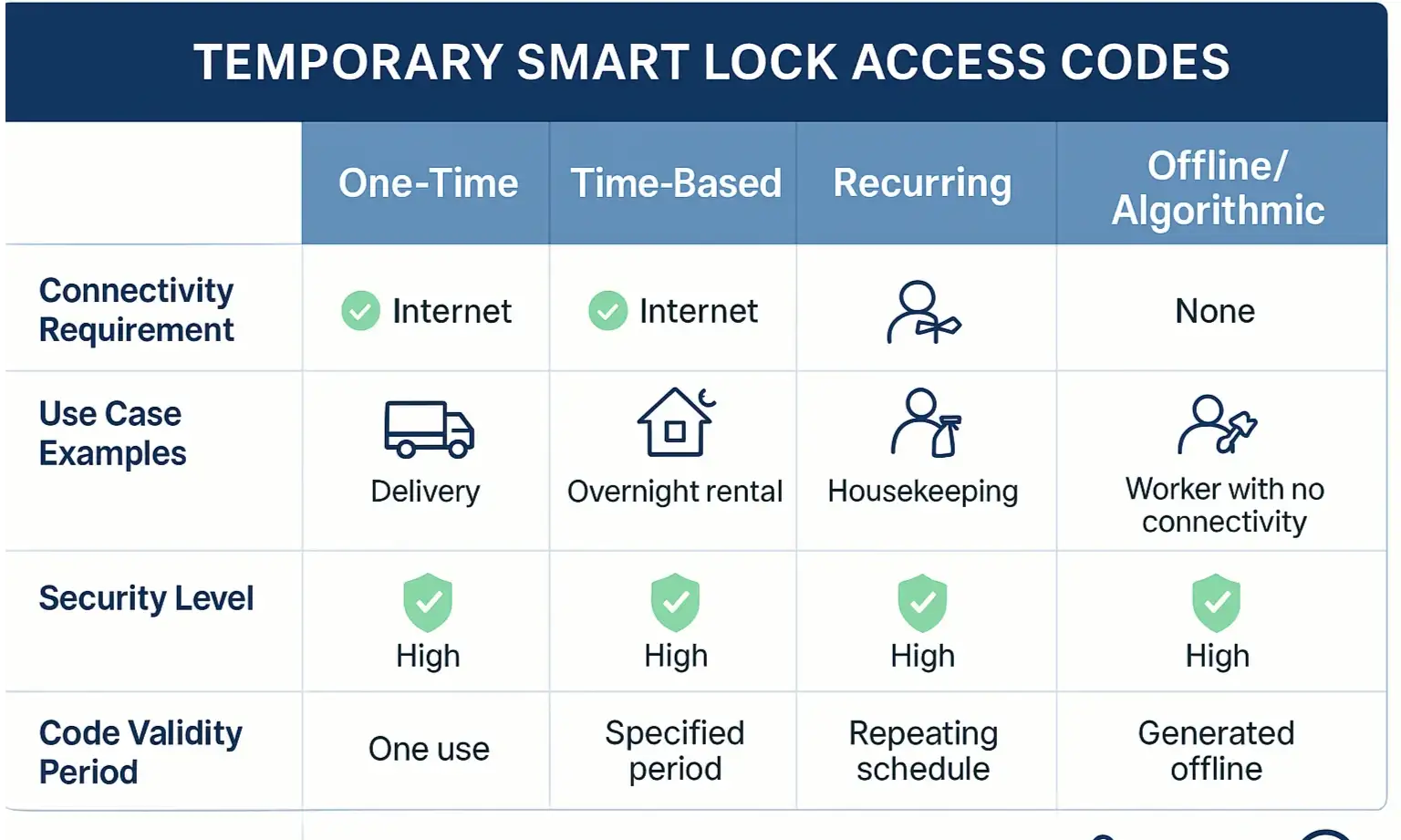 A side-by-side comparison of temporary access code types clarifies which digital key meets your specific security and access needs.