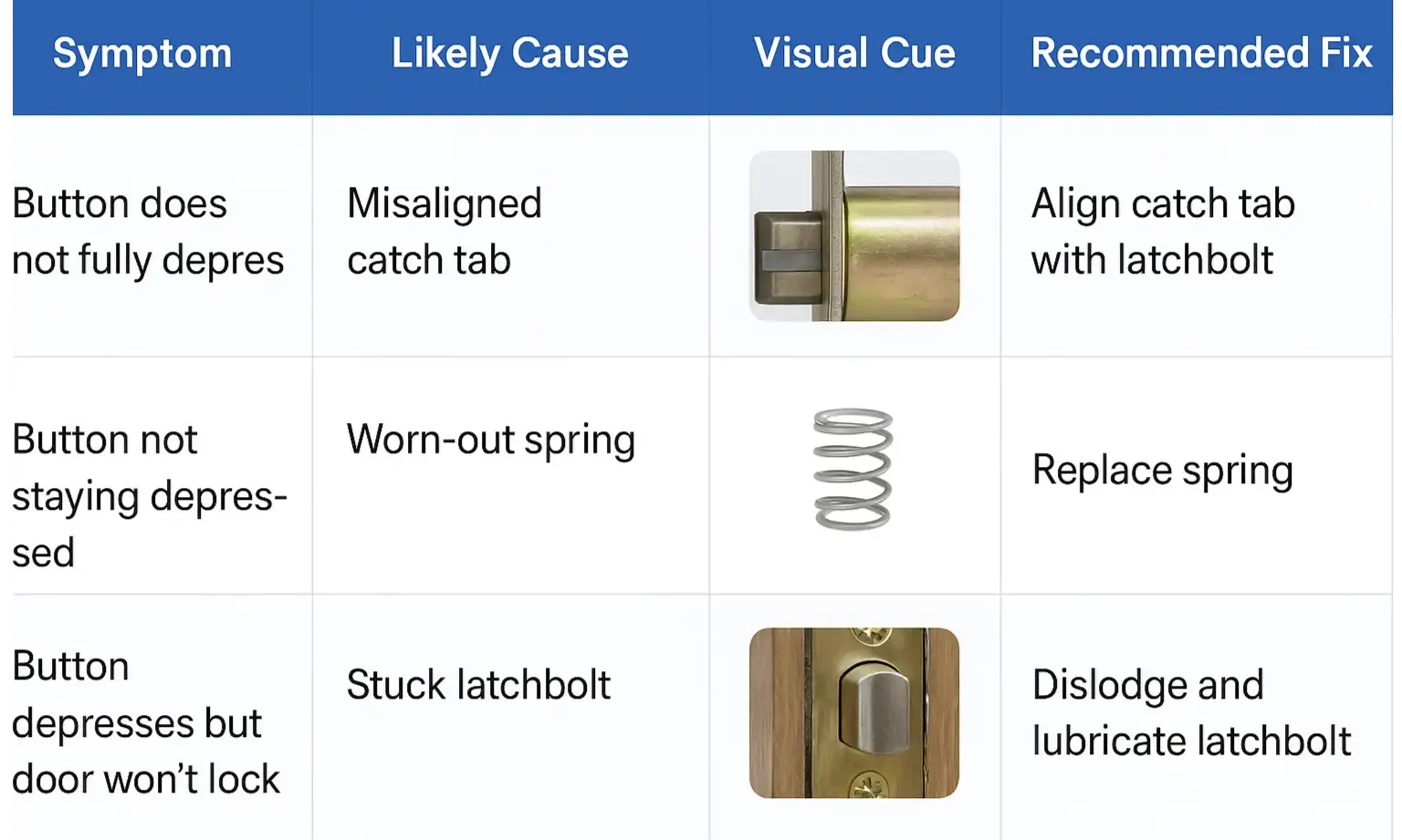 At-a-glance comparison of common push-button lock failure points, aiding quick diagnosis and empowering effective repair decisions.