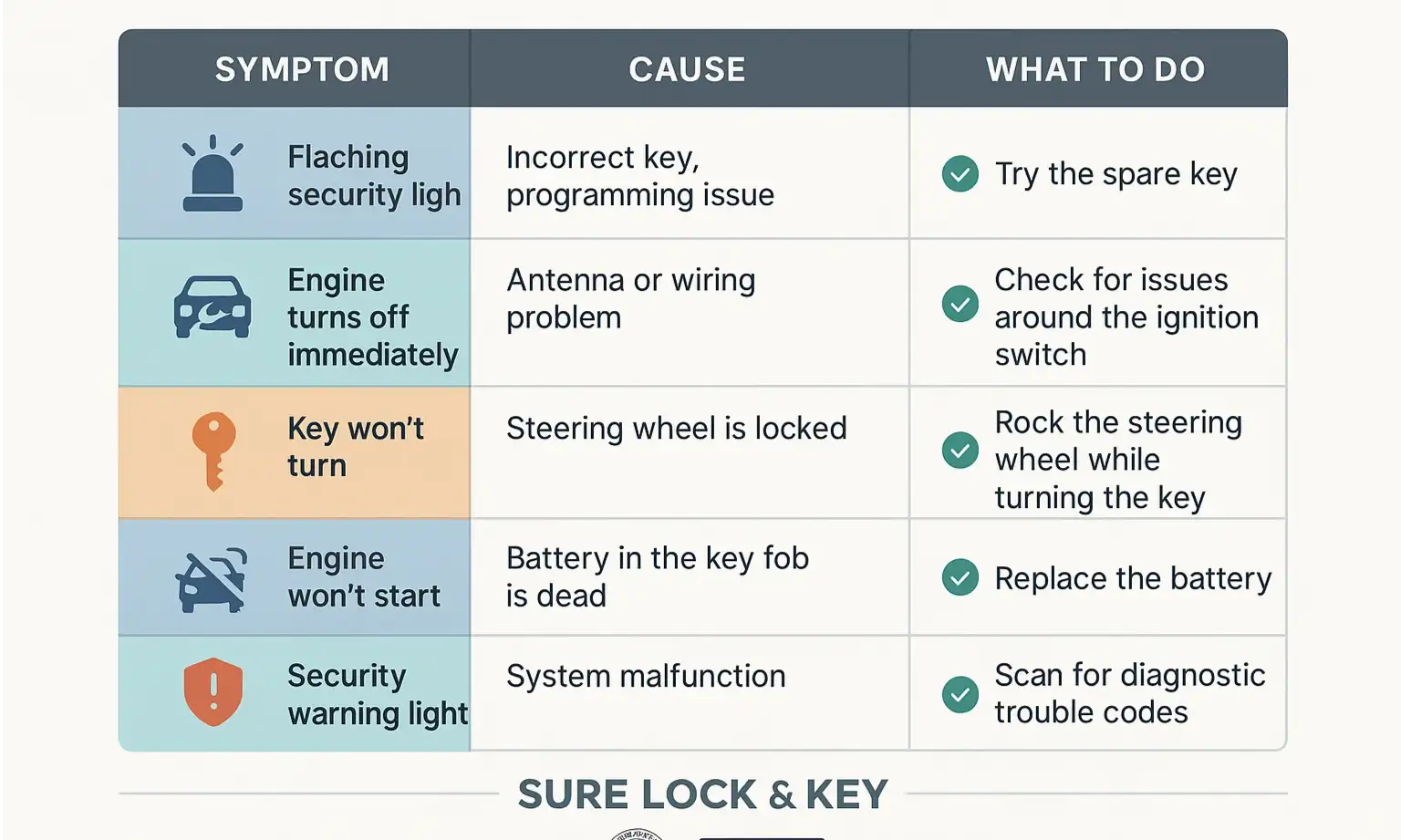 Quick Guide: Identify and resolve common immobilizer issues with clear symptoms, causes, and solutions.