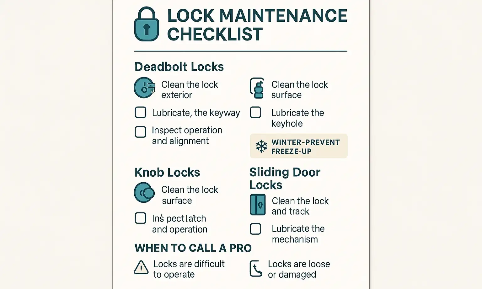 A step-by-step visual diagram illustrating how to clean, lubricate, and inspect a deadbolt, a door knob lock, and a sliding door lock.