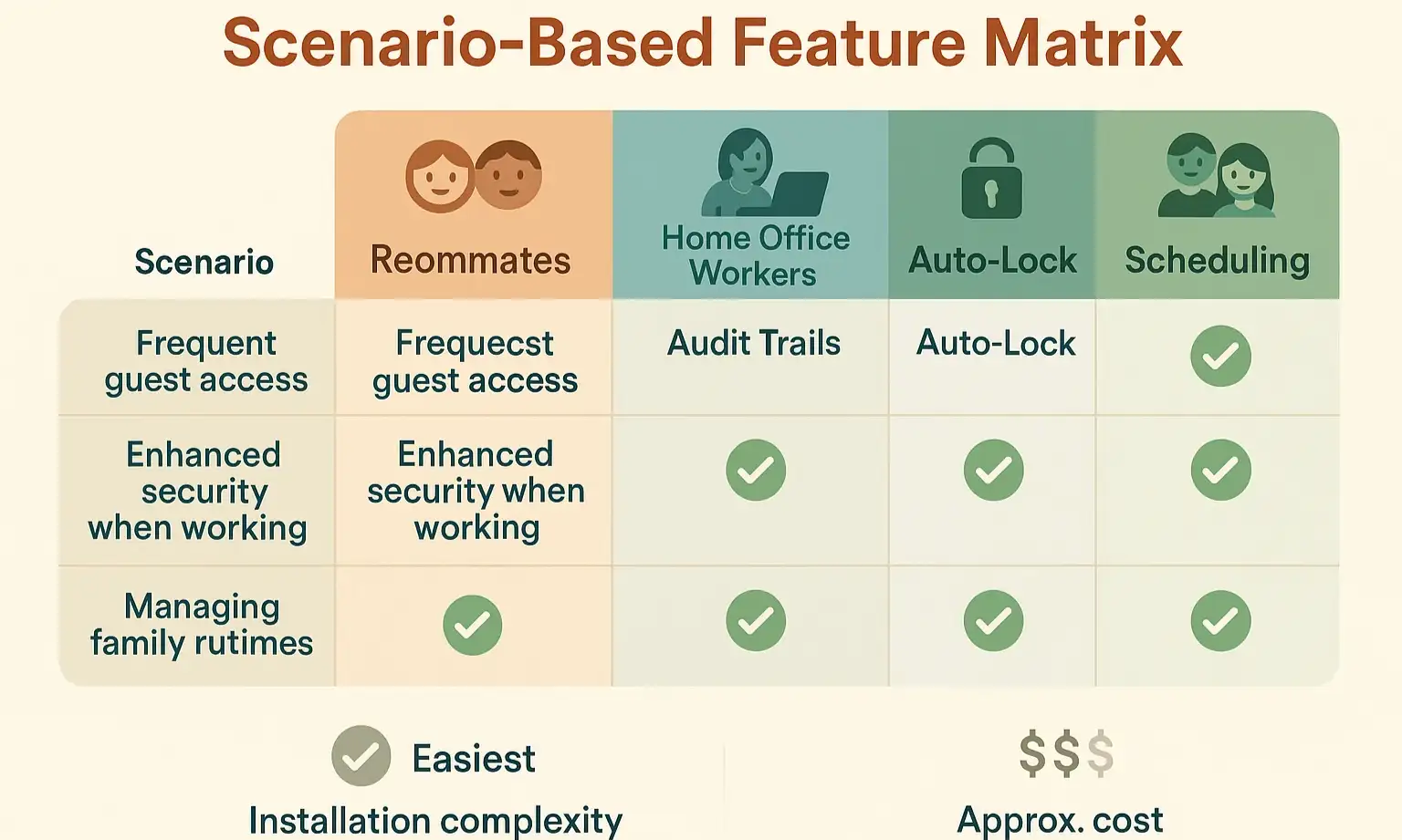 Matrix matching lifestyles to smart lock features to help choose the right option for bedroom access and privacy.