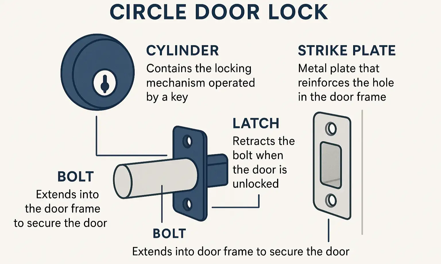 A diagram showing the different parts of a residential circle door lock, including the cylinder, latch, bolt, and strike plate.