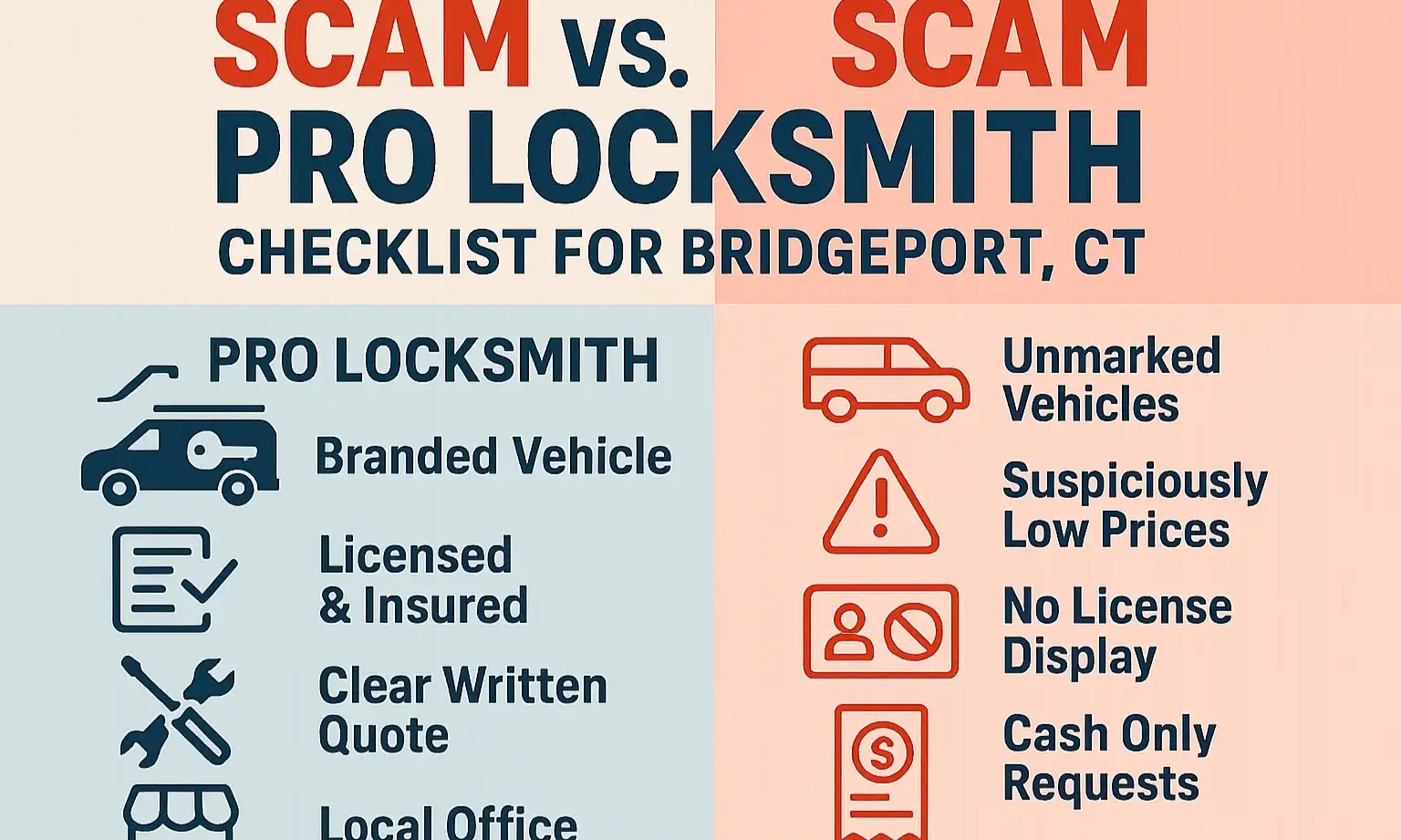 Visualize key differences between legitimate locksmiths and scams in Bridgeport, CT. Protect your home and wallet by recognizing these signs.