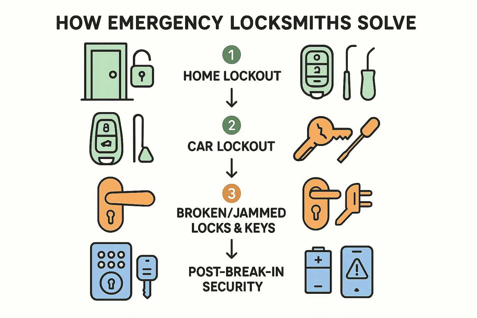 A flowchart illustrating different emergency locksmith scenarios—such as home lockout, car lockout, broken key, and post-break-in—and the professional steps taken to resolve each one.