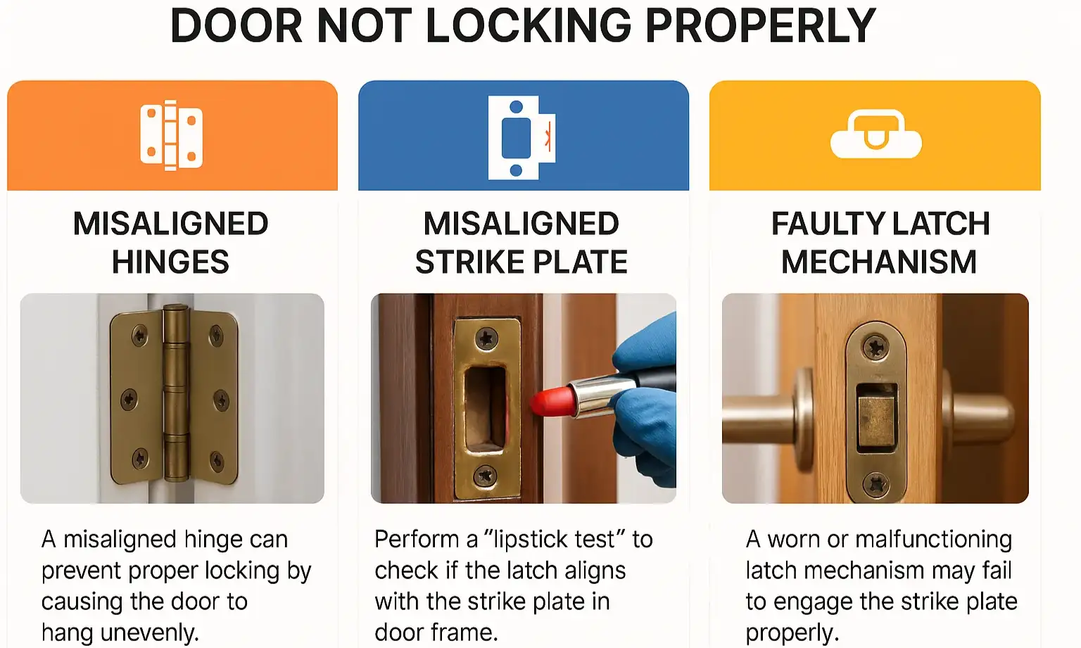 A visual guide comparing the three main mechanical issues that cause a door not to lock: misaligned hinges, strike plate issues, and latch faults.