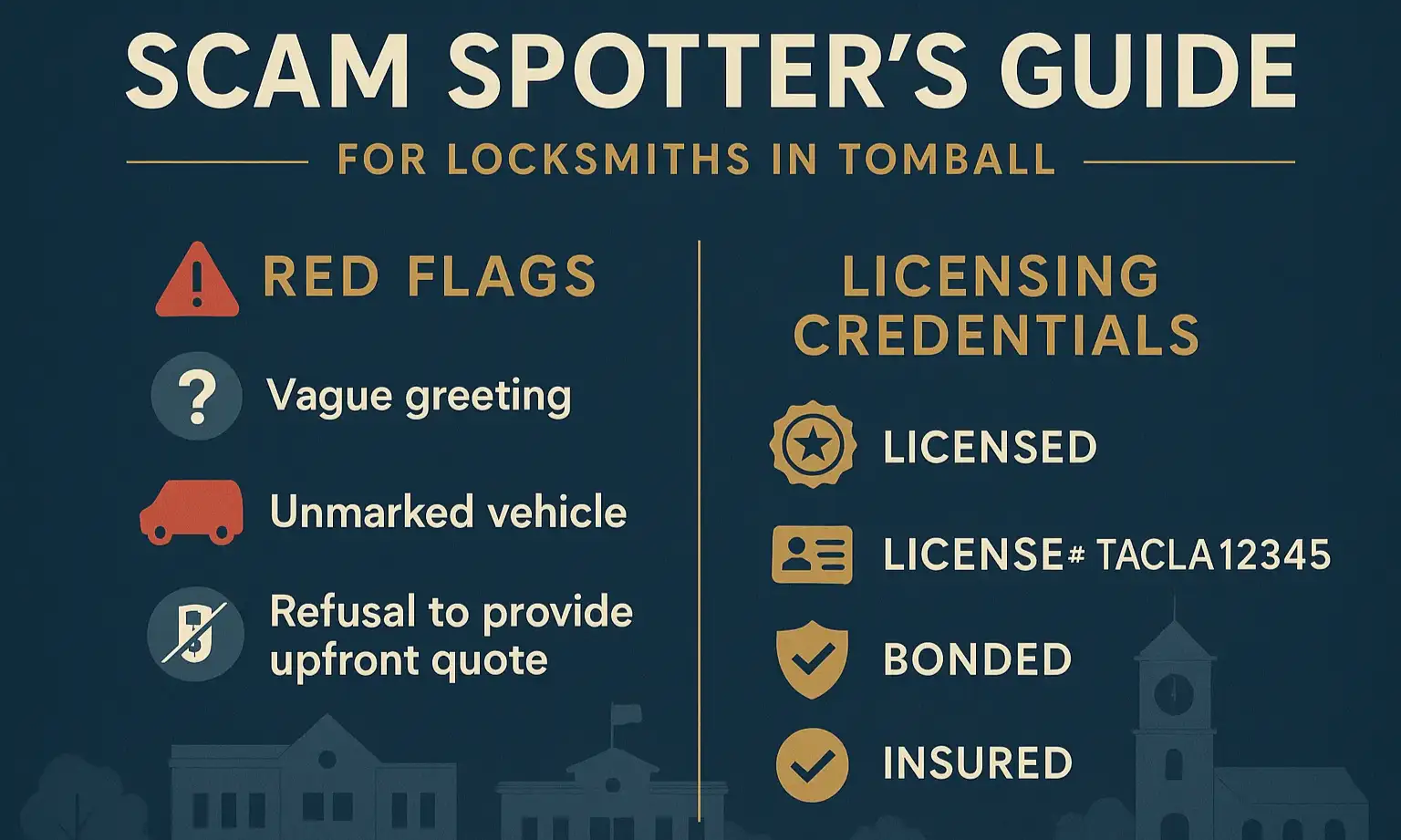 Infographic helping Tomball residents spot locksmith scams and verify professional credentials