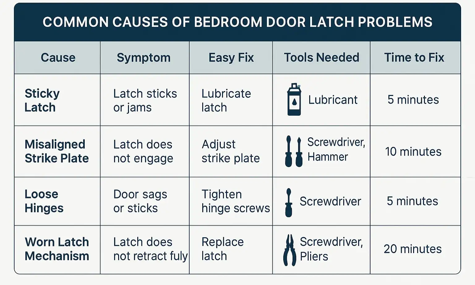 At a glance: Compare the most frequent bedroom door latch issues to identify your problem and pick the right fix faster.