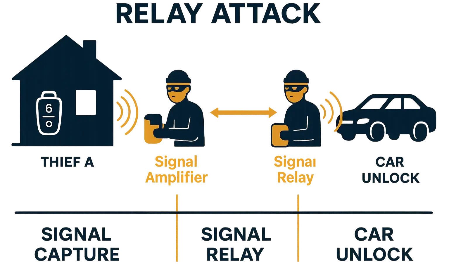 Understanding Relay Attacks: How criminals exploit car key signals with relay devices to unlock your car without the key physically present.