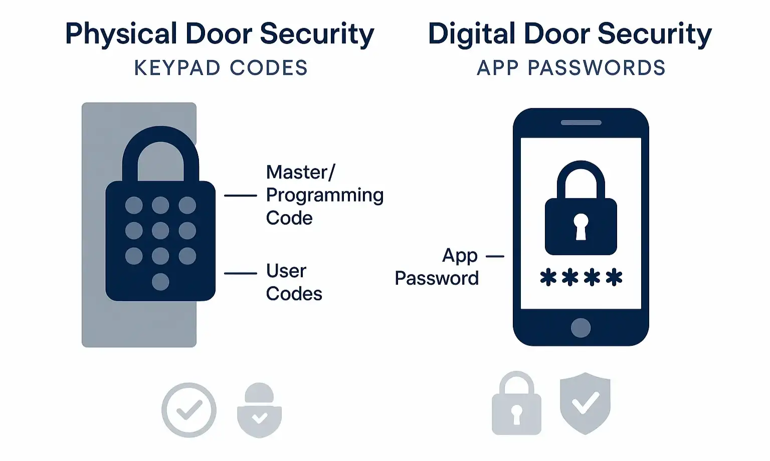 Diagram of smart lock security layers: keypad code entry and smartphone app control.