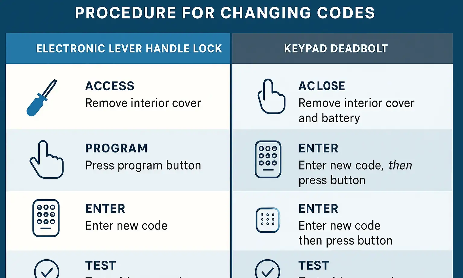 Comparison of code-changing steps for lever locks vs deadbolts to simplify decision-making.