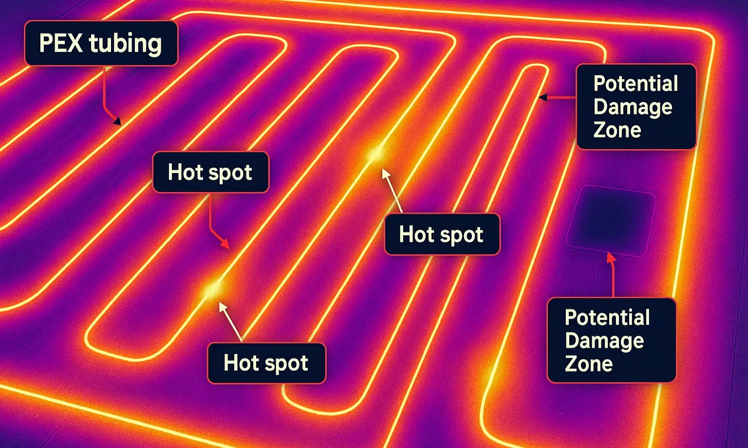 Thermal imaging reveals hidden PEX tubing beneath your floor — a vital detection step to avoid damaging radiant heating during safe installation.