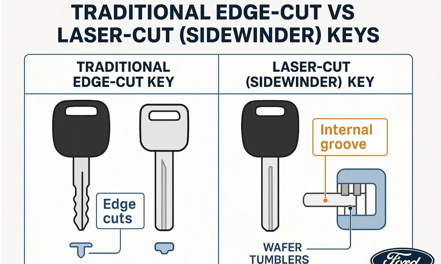 Visual comparison of traditional and laser-cut keys shows why sidewinder keys offer stronger mechanical security.