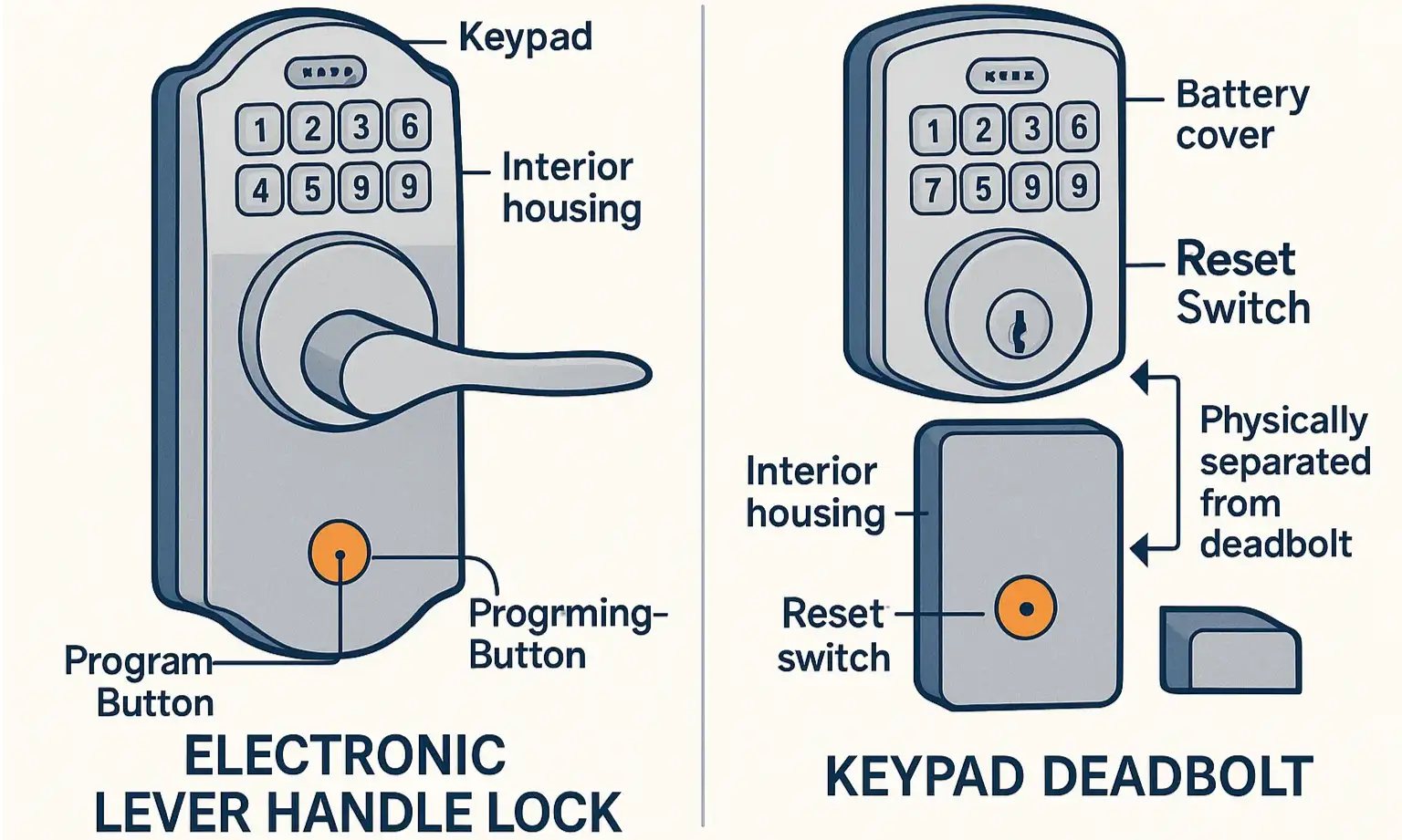 Side-by-side anatomy of electronic lever locks vs keypad deadbolts, highlighting programming button locations and differences.