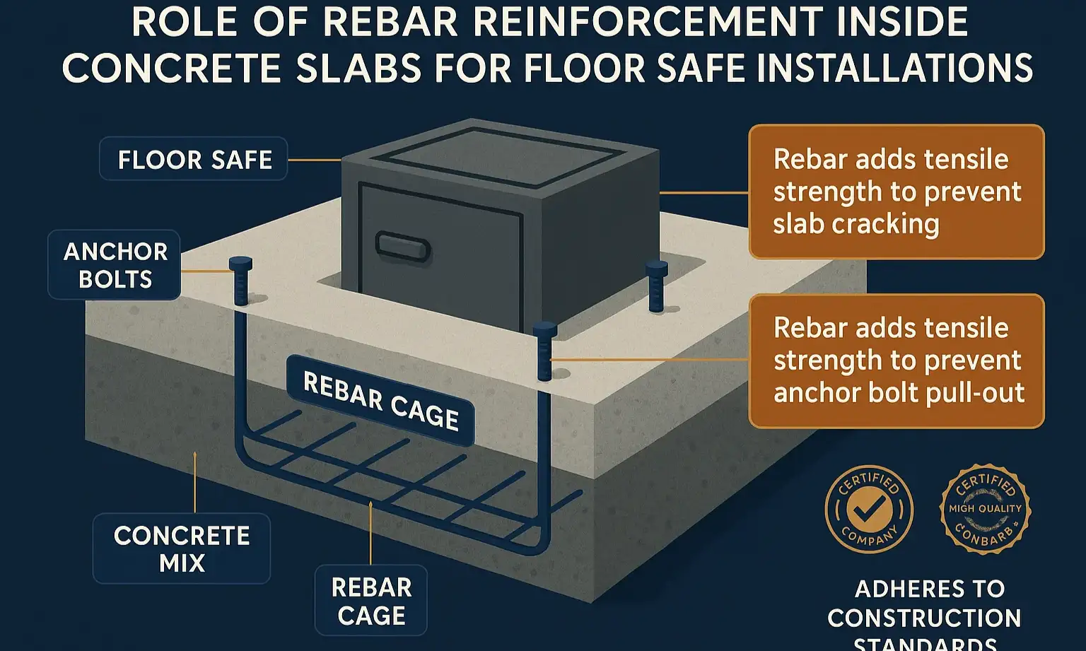 Learn how rebar reinforcement strengthens concrete slabs to improve floor safe security and prevent failure.