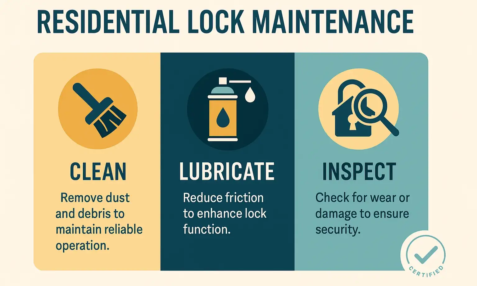 A visual guide showing three icons representing cleaning, lubricating, and inspecting a door lock.