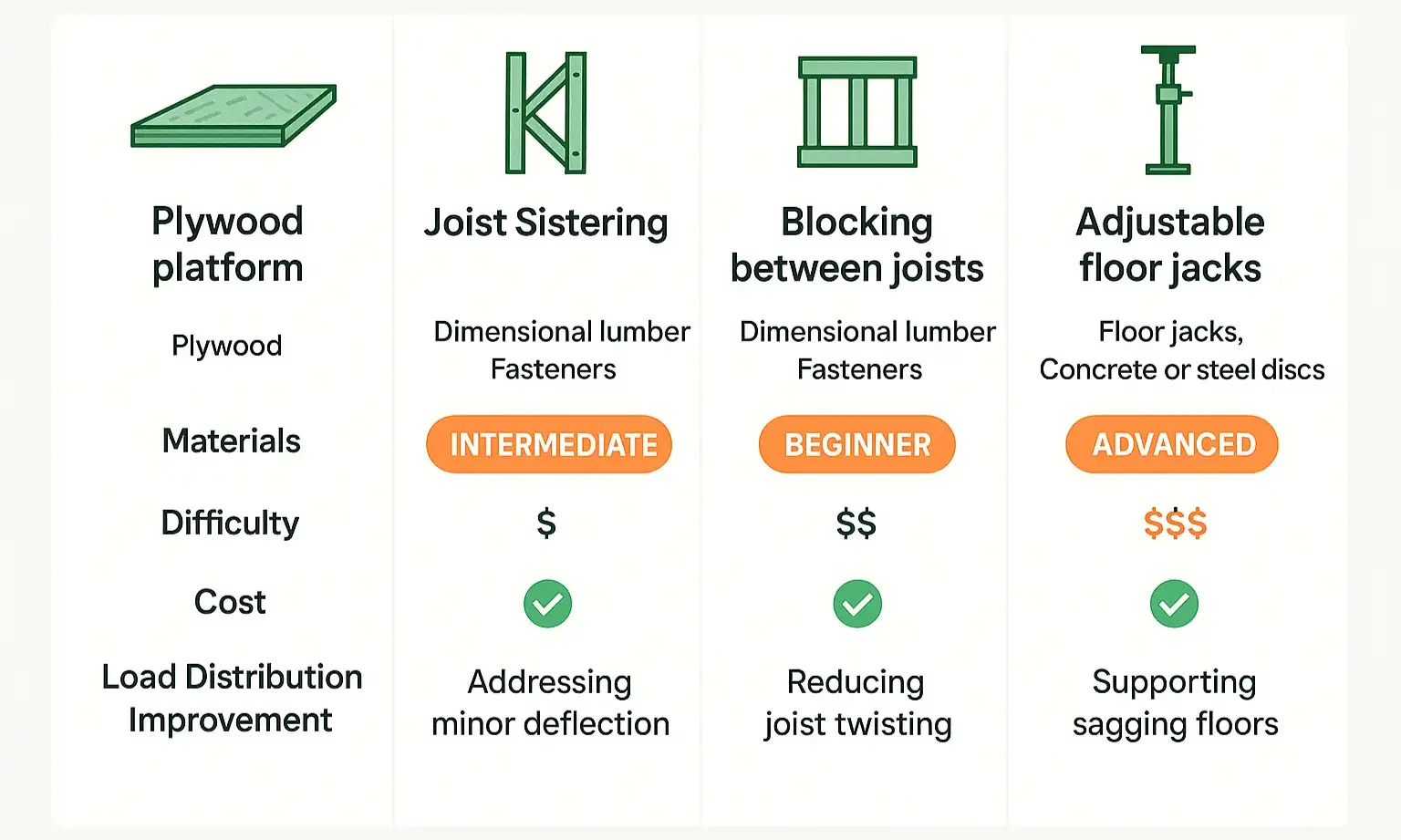 Compare reinforcement techniques by ease, cost, and effectiveness to choose the best solution for supporting a heavy safe on wood subfloors.