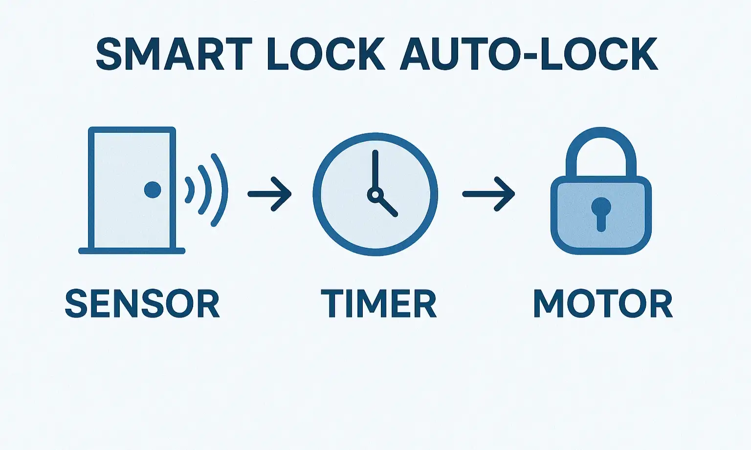 Diagram of smart lock auto-locking: door sensor signals a timer, which triggers the motor to lock the door.