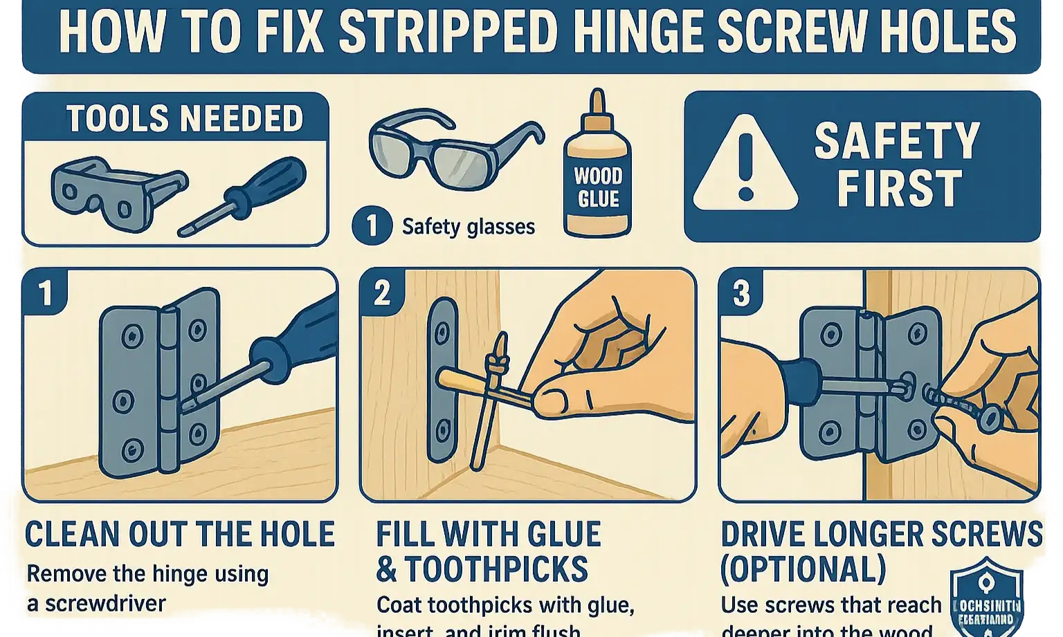 Fix stripped screw holes like a pro – stepwise guide to restore hinge strength and ensure your bedroom door locks securely again.