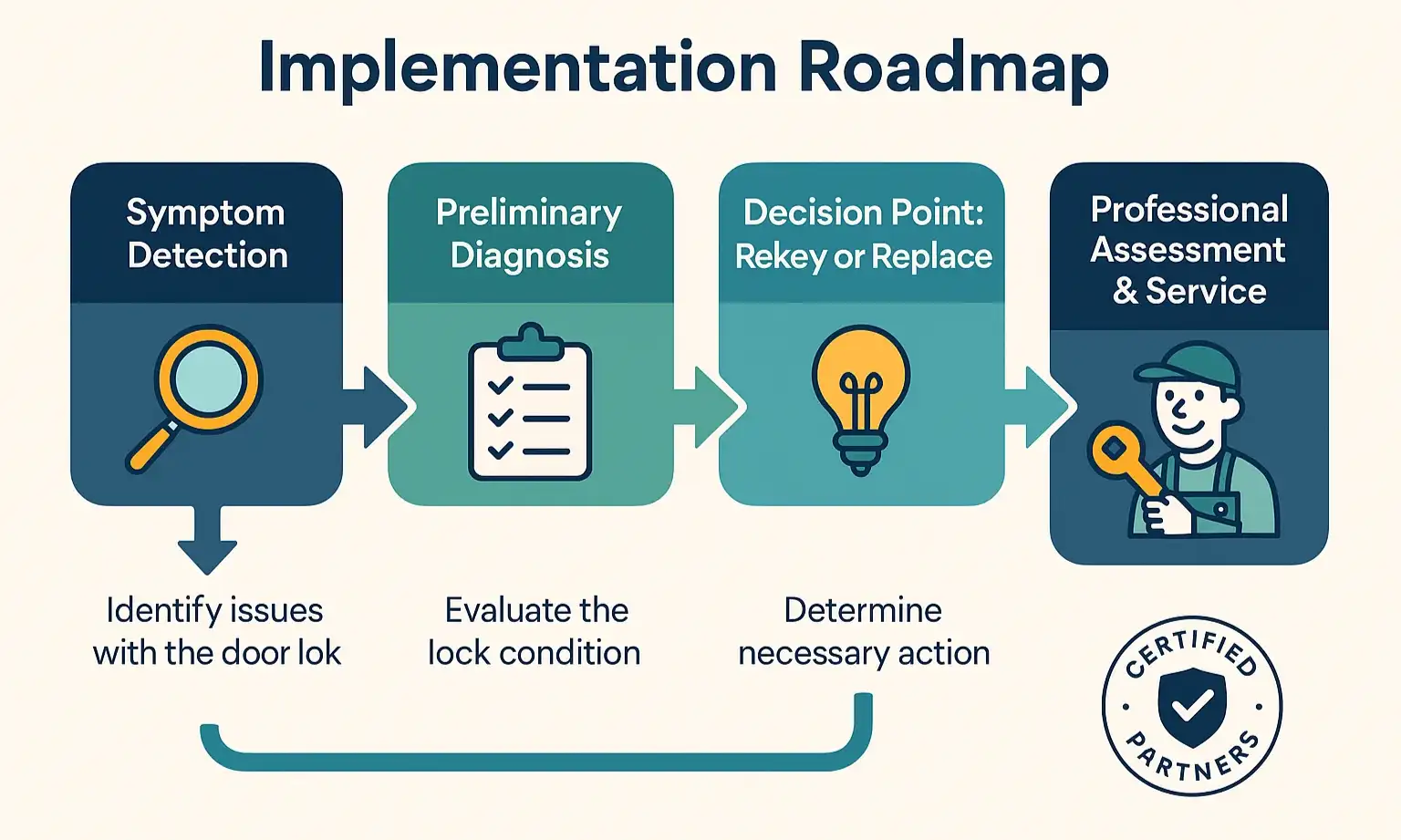 Flowchart guides homeowners through assessing lock condition to decide whether to rekey or replace.