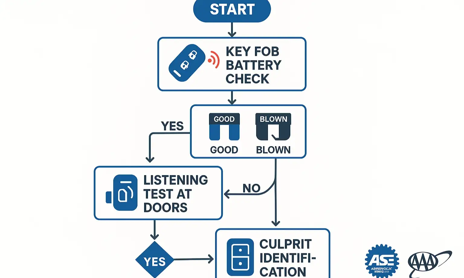Step-by-step flowchart for diagnosing central locking issues when remotes and driver controls fail.