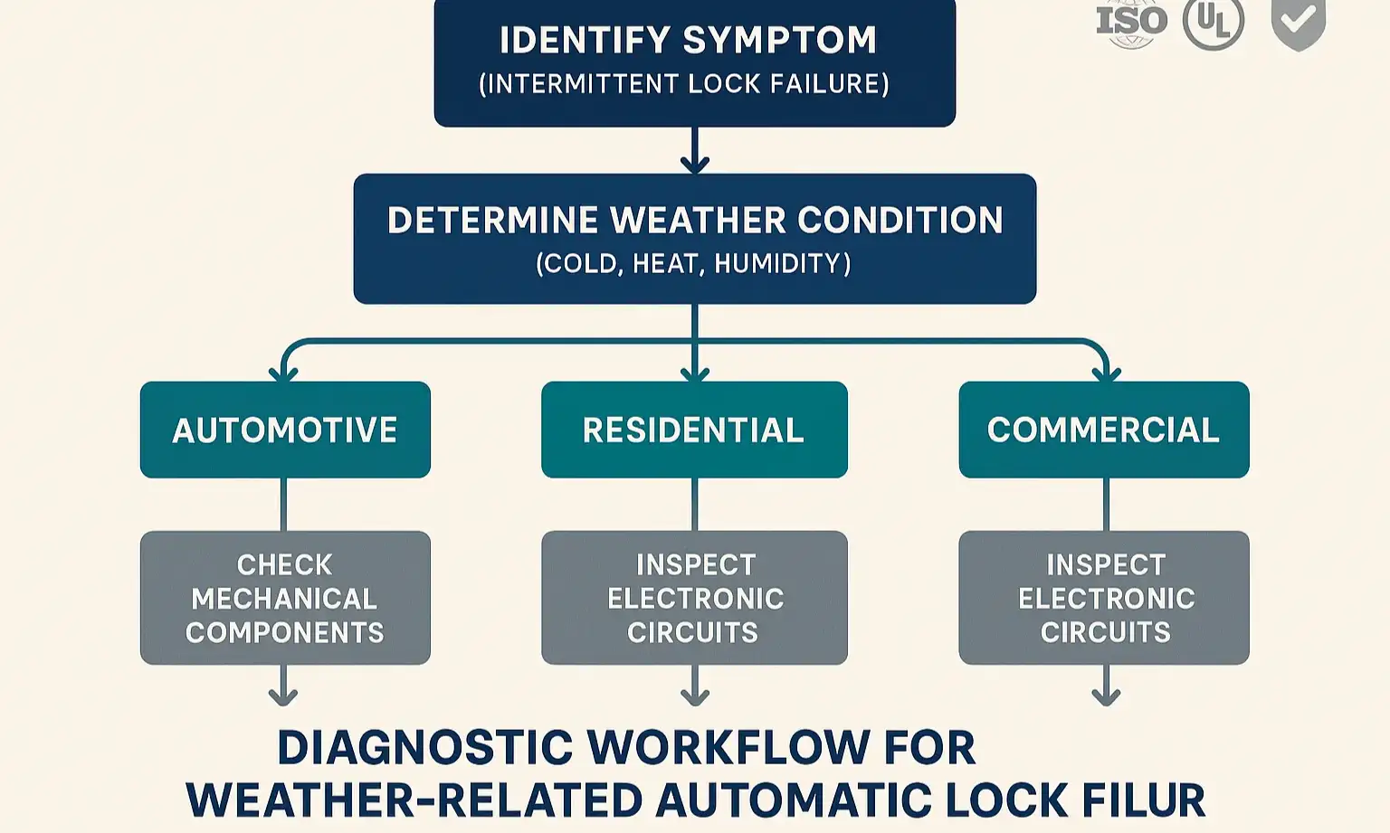 Diagnostic workflow for weather-related lock issues, helping you isolate causes based on symptoms and conditions.