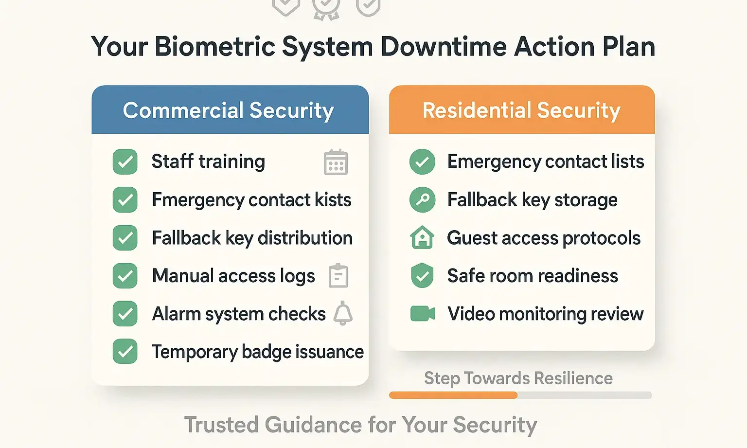 Side-by-side checklists compare commercial and residential security planning priorities.