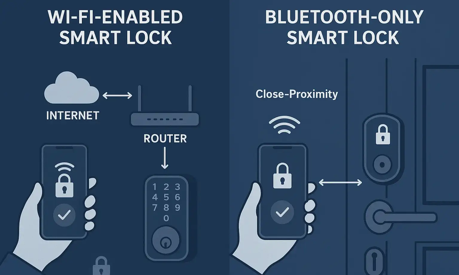 Diagram comparing Wi-Fi remote locking via internet/router vs Bluetooth proximity locking with short-range connection.