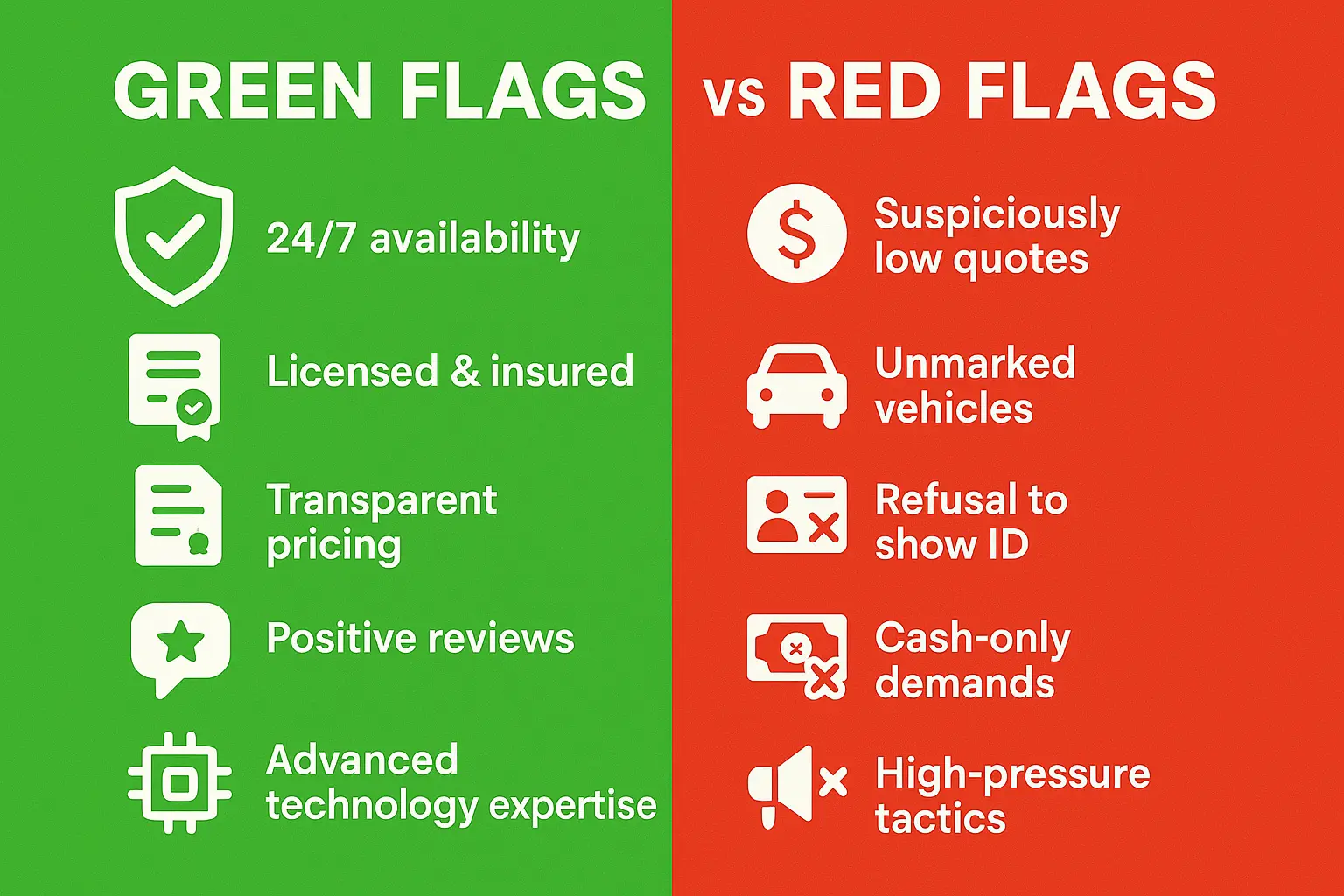 A side-by-side comparison chart showing 'Green Flags' (like branded vehicles, upfront pricing, licensed technician) and 'Red Flags' (like unmarked cars, vague quotes, pressure tactics) for choosing an emergency locksmith.