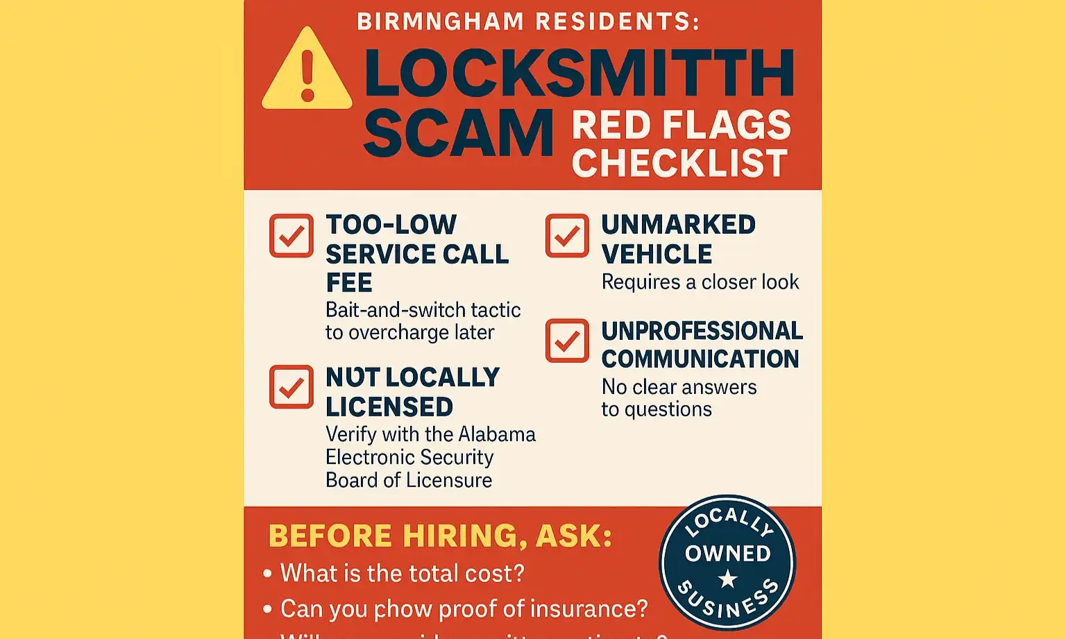 Checklist graphic titled "Birmingham Locksmith Scam Checklist" featuring red flag icons and concise tips to help consumers avoid fraudulent services.