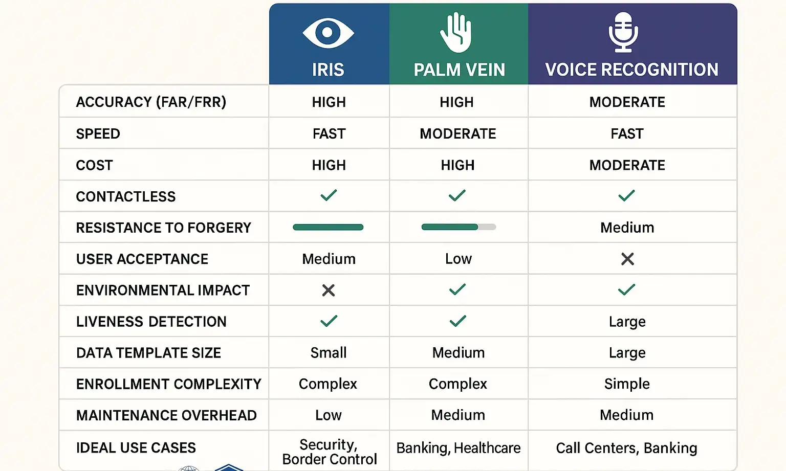 Illustrative diagrams showing how iris, palm vein, and voice recognition scanners work.