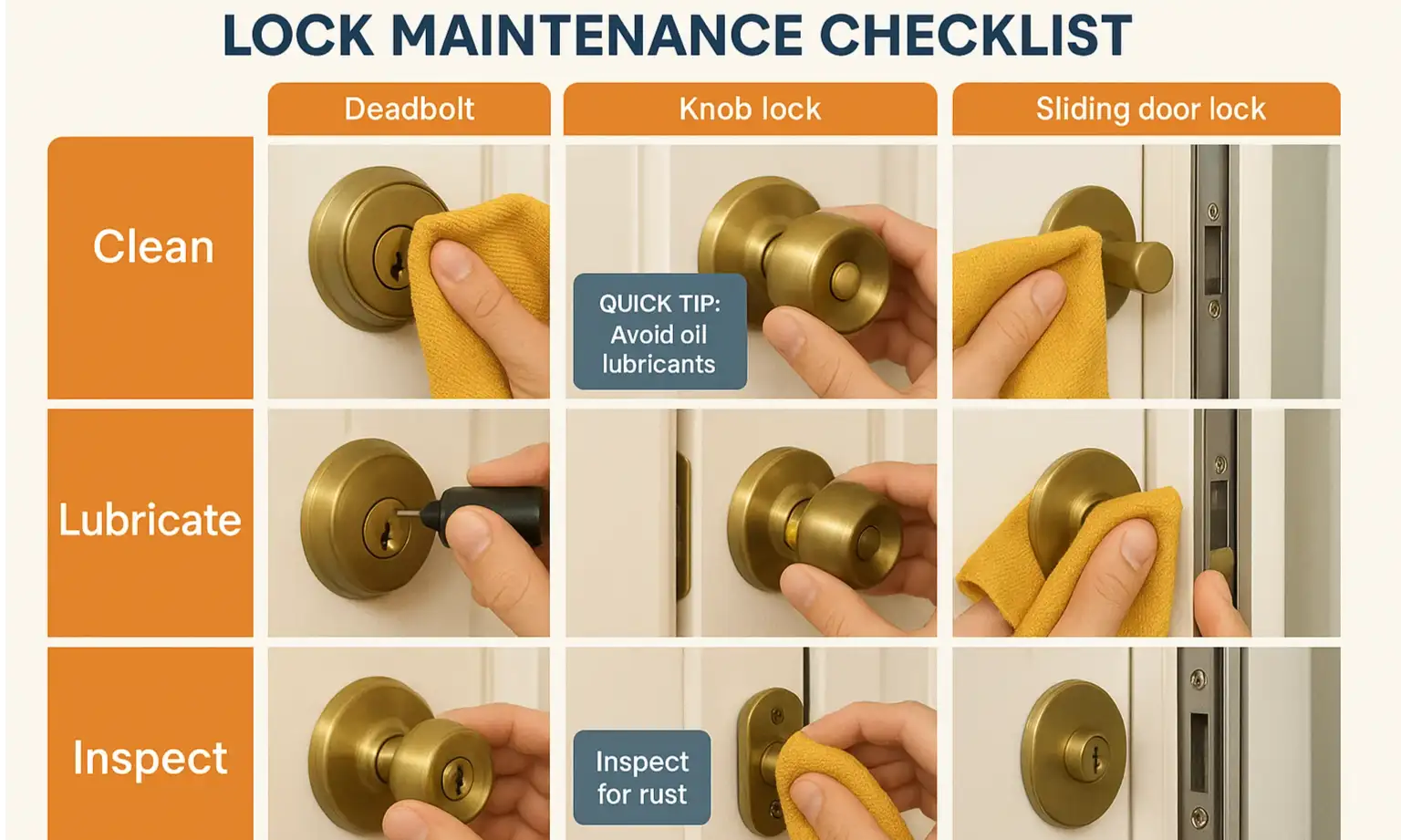 Printable checklist for cleaning, lubricating, and inspecting locks, plus guidance on when to call a locksmith.