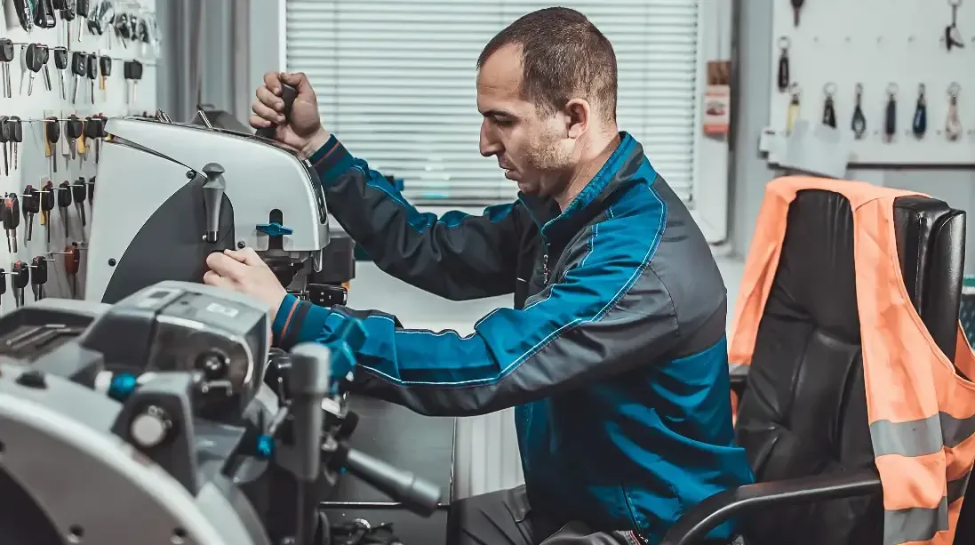 A Professional Locksmith Uses Key Cutting Equipment