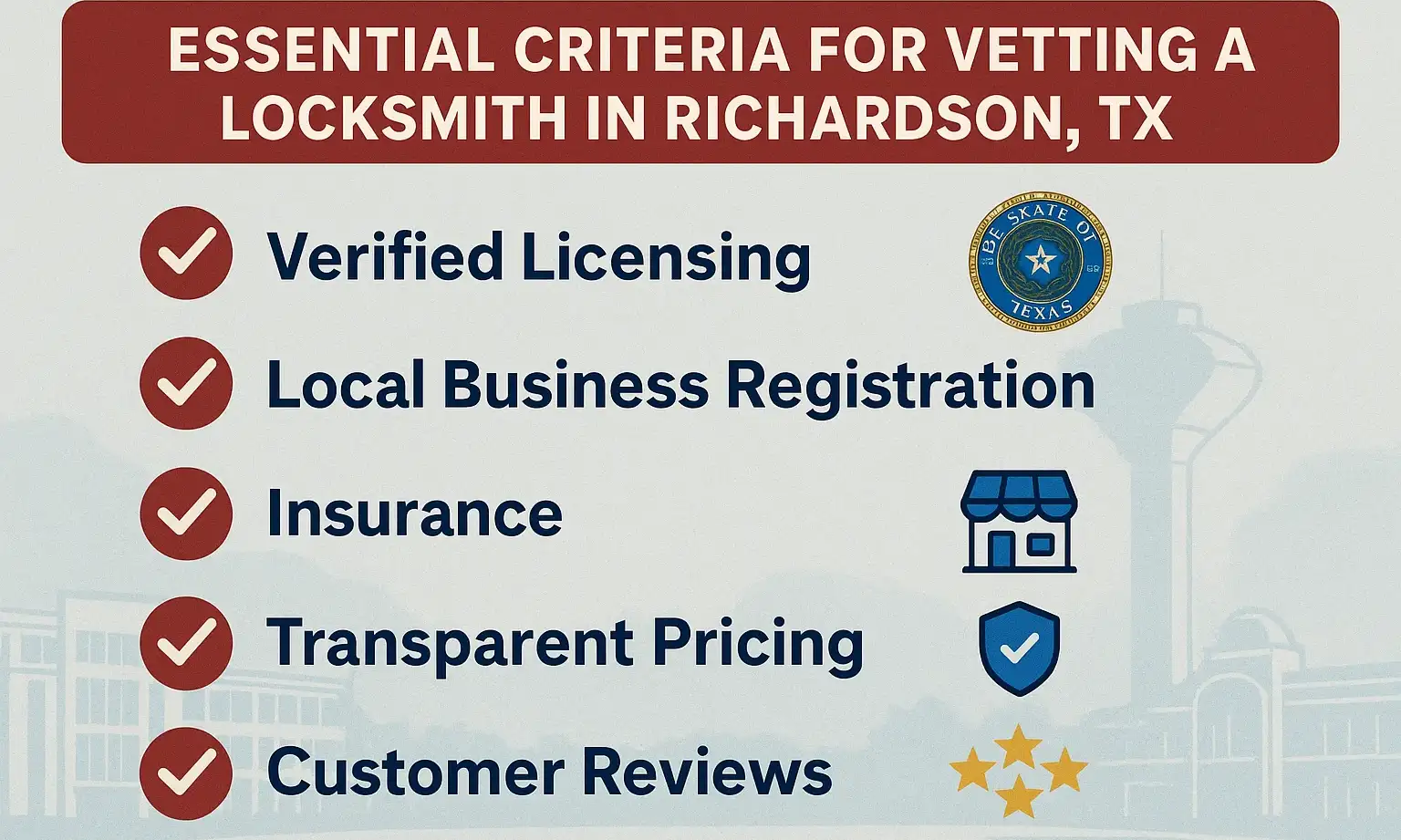 Use this 6-point checklist to confidently choose a licensed and reliable locksmith in Richardson, helping you avoid scams and costly mistakes.