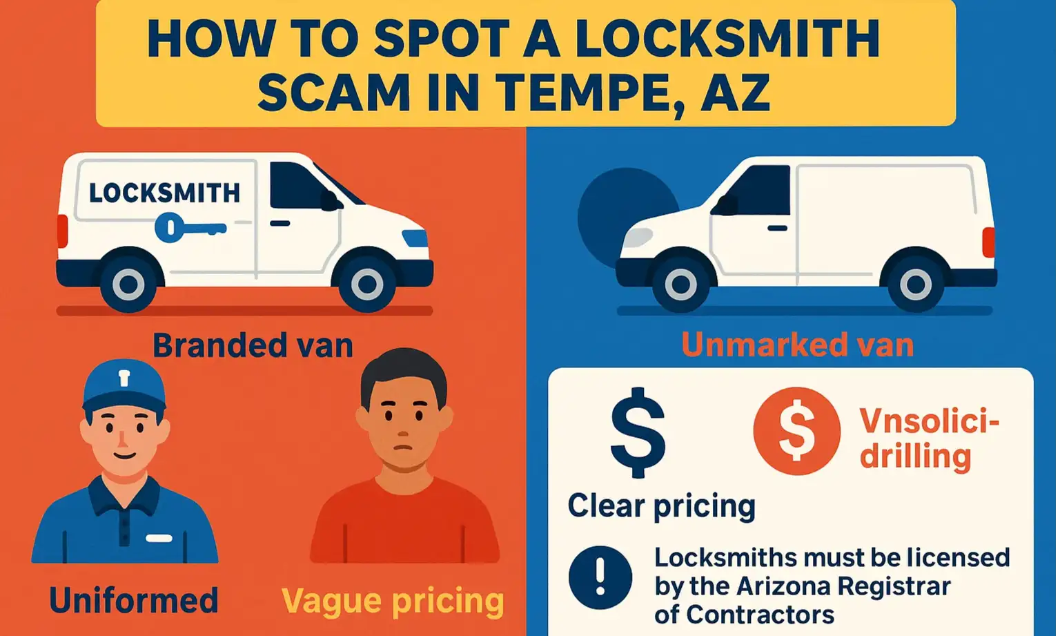 Infographic highlighting four locksmith scam warning signs: generic greetings, unmarked vehicles, no ID, and immediate drilling pressure.